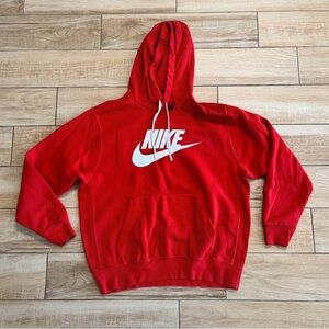 Nike Hoodie Mens Large Red Pullover Fleece Sweatshirt Big Logo Swoosh Graphic